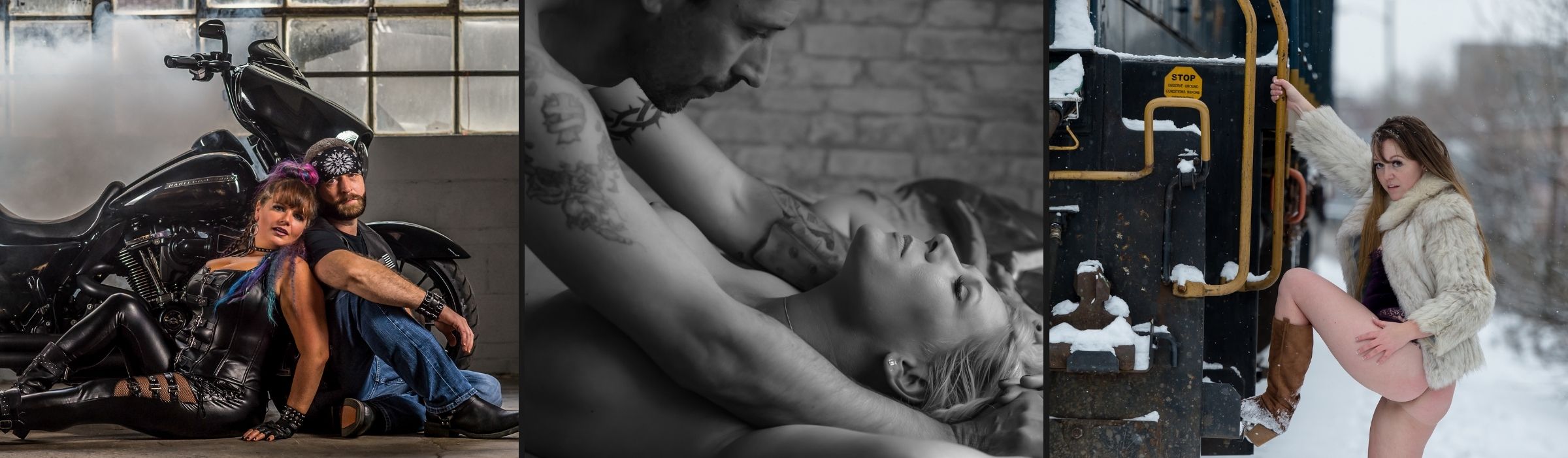 erotic travel photoshoot of a couple with a motorcycle during a pop-up studio session